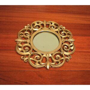 Round Accent Mirror Gold Gilt Ornate Scroll Composite Vintage 10" Hanging